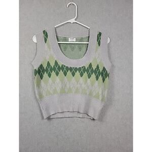 Cotton: On Gray Green Argyle Print Knit Crop Sweater Vest Women's Medium